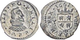 1661. Felipe IV. MD (Madrid). Y. 8 maravedís. (AC. 358) (J.S. M-303). Pátina verde. Buen ejemplar. 1,96 g. MBC+.