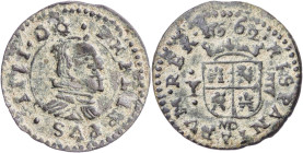 1662. Felipe IV. MD (Madrid). Y. 8 maravedís. (AC. 359) (J.S. M-316). Ceca bajo el escudo. Escasa. 2,23 g. MBC.
