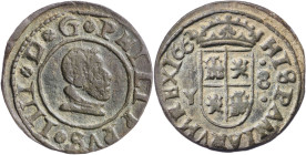 1664/3. Felipe IV. (M). Y. 8 maravedís. (AC. 371 var) (J.S. M-449 sim). No acuñada la marca de ceca. Rara. 2,05 g. MBC/MBC+.