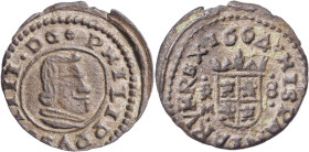 1664. Felipe IV. Trujillo. M. 8 maravedís. (AC. 425) (J.S. M-745 sim). Punto entre DG. La M acuñada encima de una R. Ligeramente descentrada. Escasa. ...