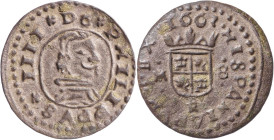 1663. Felipe IV. Trujillo. M. 8 maravedís. (AC. 429) (J.S. M-733 sim). En anverso leyenda separada por . Atractiva. 1,60 g. MBC+.