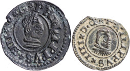 Felipe IV. R. (AC. 316 y 498). 2 monedas: 8 maravedís 1662 Coruña y 16 maravedís 1664 Sevilla. 4,76 g. MBC-.
