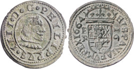 1664. Felipe IV. Burgos. R. 16 maravedís. (AC. 441). Pátina verde. 3,50 g. MBC/MBC+.