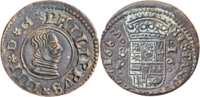 1663. Felipe IV. Sevilla. R. 16 maravedís. (AC. 497) (J.S. M-609). Puntito encima de la segunda I del nombre del rey. Atractiva. 4,74 g. MBC+.