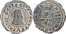 1663. Felipe IV. Trujillo. M. 16 maravedís. (AC. 506) (J.S. M-702 ó 703). Pátina verde. 3,66 g. MBC+/MBC.