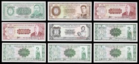 Paraguay. 1 (cuatro), 5, 10 (dos), 50 y 100 guaranies. Lote de 9 billetes, todos fabricados por Thomas de la Rue & Company. A examinar. S/C-/S/C.