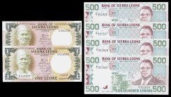 Sierra Leona. 1984 y 1991. 1 (dos) y 500 (cuatro) leones. Lote de 6 billetes, los de 500 leones correlativos. A examinar. S/C-/S/C.