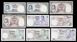 Tailandia. 1 (dos), 5 (tres), 10, 20 (dos) y 50 bath. Lote de 9 billetes. A examinar. EBC/S/C.