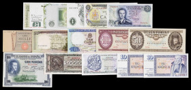 Lote de 15 billetes de distintos países, fechas y valores. Incluye tres billetes de 1 libra, uno de ellos de Irlanda, 1979. A examinar. MBC-/S/C.