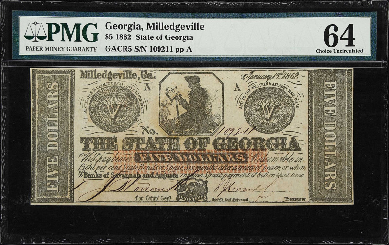 Milledgeville, Georgia. State of Georgia. 1862 $5. PMG Choice Uncirculated 64.
...