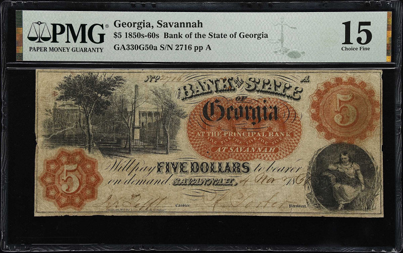 Savannah, Georgia. Bank of the State of Georgia. 1854 $5. PMG Choice Fine 15.
...