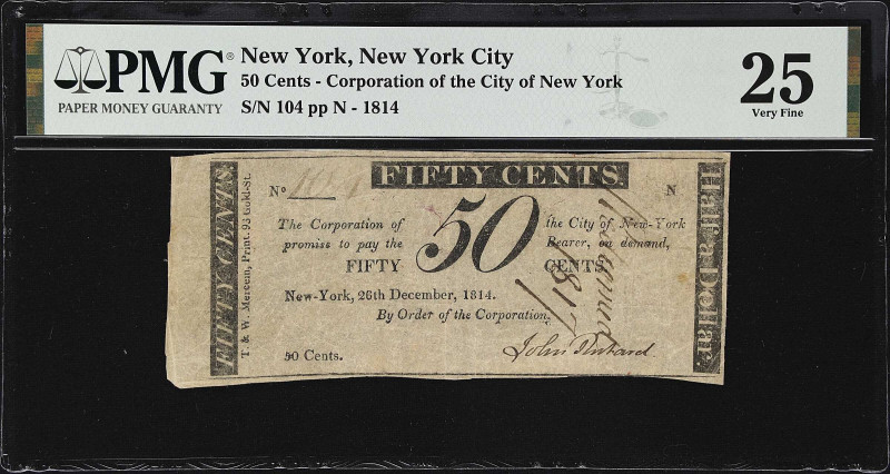 New York City, New York. Corporation of the City of New York. 1814 50 Cents. PMG...