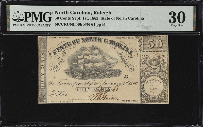 Raleigh, North Carolina. State of North Carolina. 1862 50 Cents. PMG Very Fine 3...