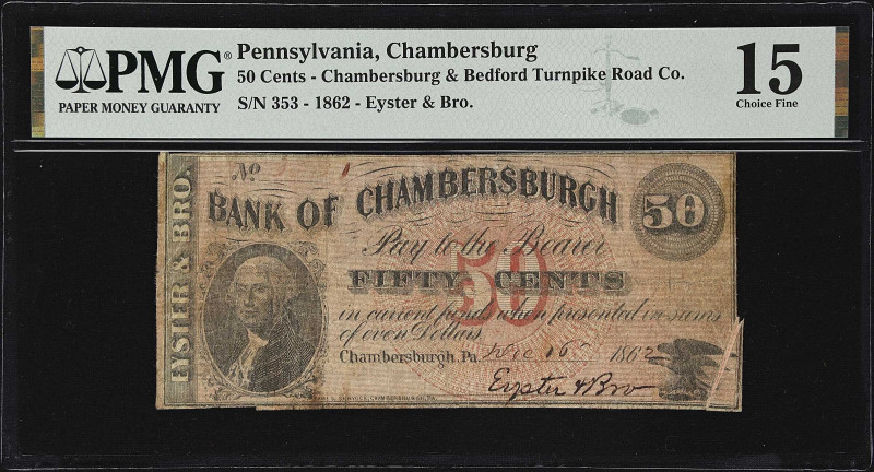 Chambersburg, Pennsylvania. Chambersburg & Bedford Turnpike Road Co. 1862 50 Cen...