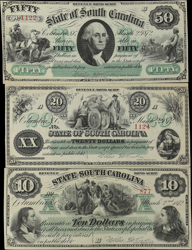 Lot of (3) South Carolina Obsoletes. 1872. $10, $20, & $50. Choice About Uncircu...