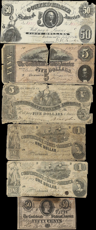 Lot of (6) T-8, T-36, T-44, T-69 & T-72. Confederate Currency. 50 Cents, $1, $5 ...