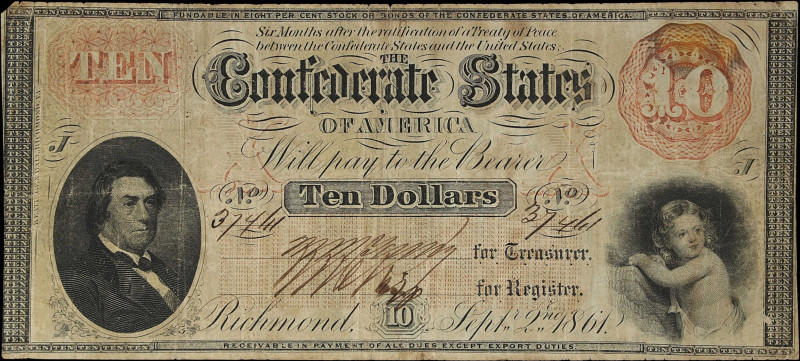 T-24. Confederate Currency. 1861 $10. Fine.

A pleasing example with only mino...