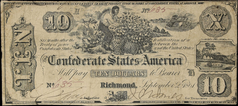 T-29. Confederate Currency. 1861 $10. Fine (Repaired).

A comparatively uncomm...