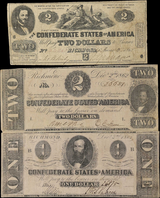 Lot of (3) Confederate Currency Notes. T-38, T-54, & T-55. $1, & $2. Fine.

Lo...