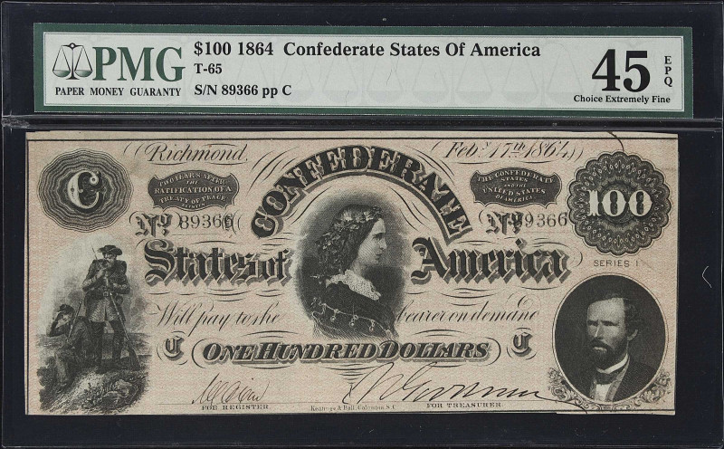 T-65. Confederate Currency. 1864 $100. PMG Choice Extremely Fine 45 EPQ. 

No....