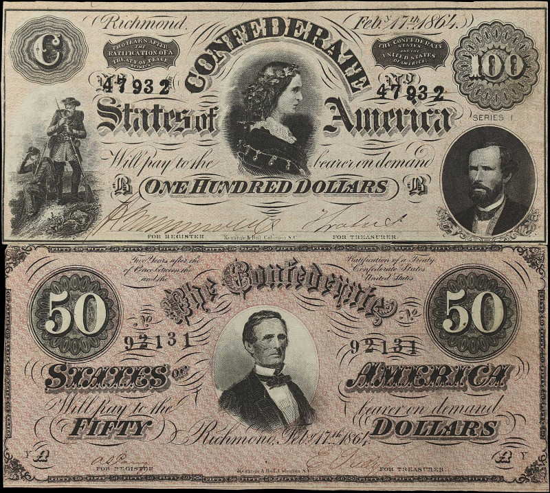 Lot of (2) T-65 & T-66. Confederate Currency. 1864 $50 & $100. Choice Very Fine....