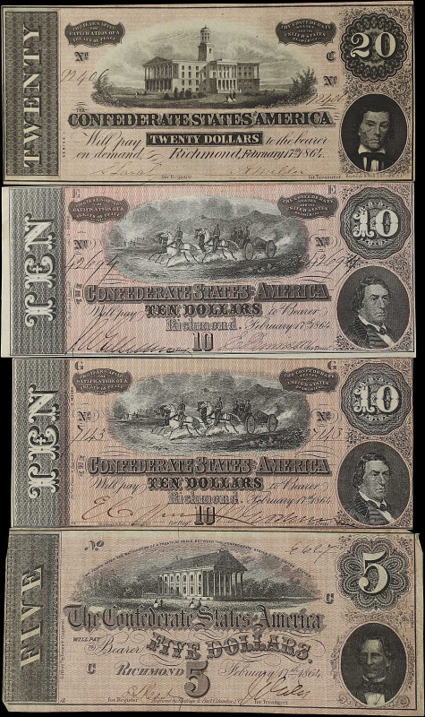 Lot of (4) T-67, T-68, & T-69. Confederate Currency. 1864 $5, $10, & $20. Very F...