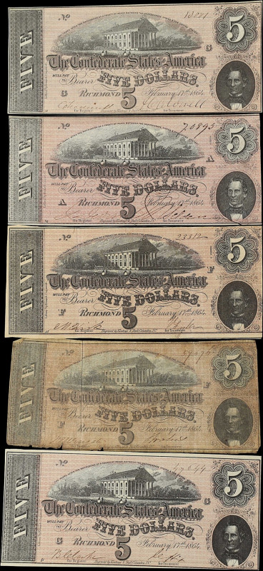 Lot of (5) T-69. Confederate Currency. 1864 $5. Very Good to About Uncirculated....