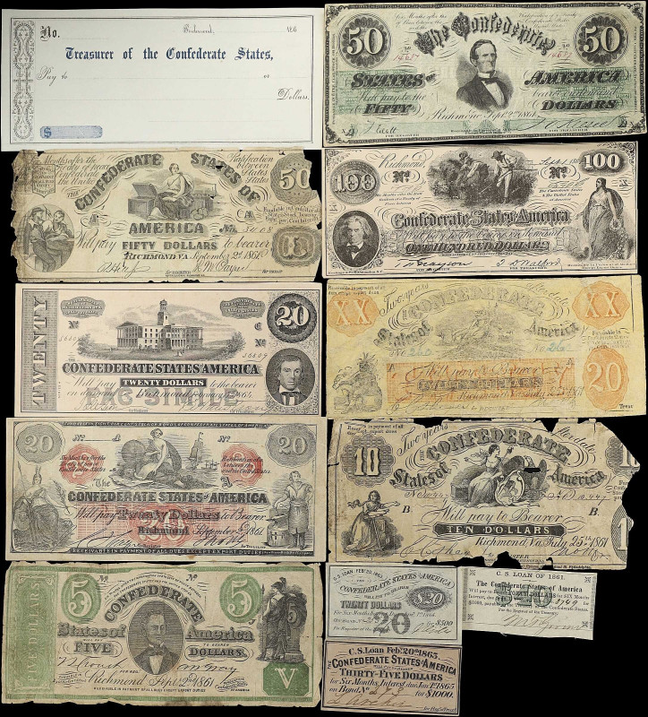 Lot of (8) Reproduction/Fantasy Confederate Notes, (3) Confederate Bond Coupons,...