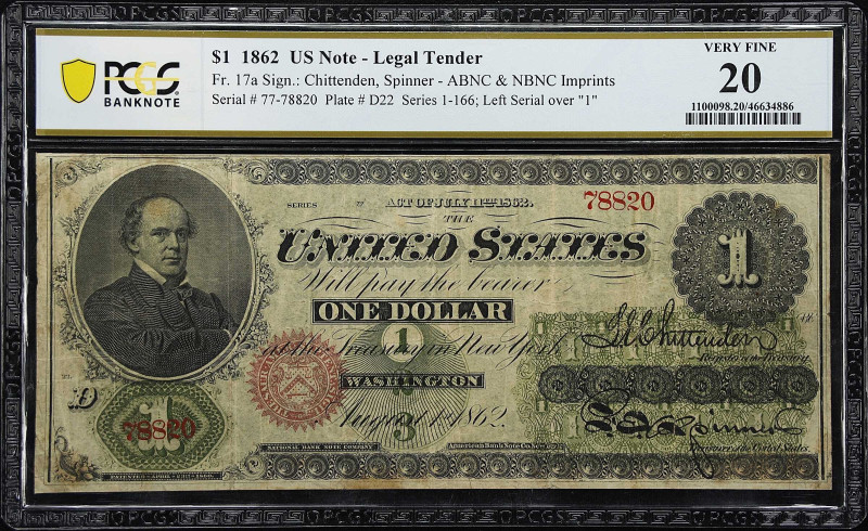 Fr. 17a. 1862 $1 Legal Tender Note. PCGS Banknote Very Fine 20.

A Civil-War-E...