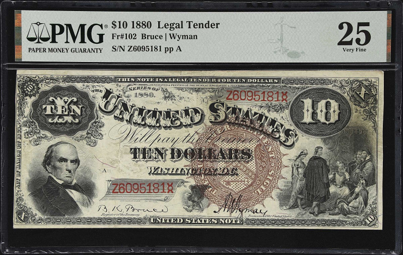 Fr. 102. 1880 $10 Legal Tender Note. PMG Very Fine 25.

An ornate "Jackass" wi...