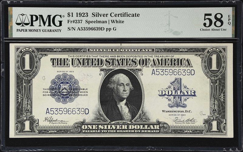 Fr. 237. 1923 $1 Silver Certificate. PMG Choice About Uncirculated 58 EPQ.

An...