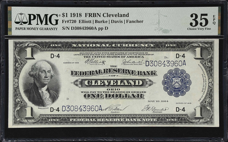 Fr. 720. 1918 $1 Federal Reserve Bank Note. Cleveland. PMG Choice Very Fine 35 E...