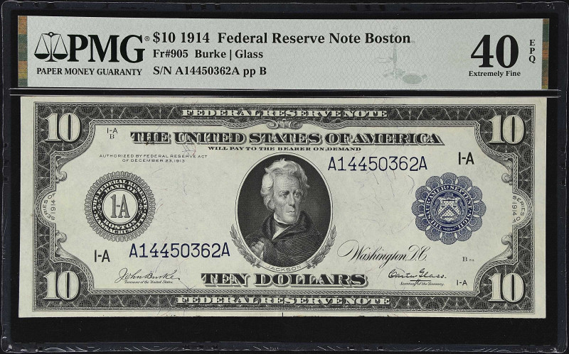 Fr. 905. 1914 $10 Federal Reserve Note. Boston. PMG Extremely Fine 40 EPQ.

A ...