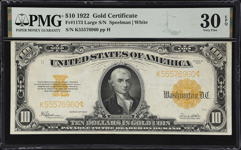 Fr. 1173. 1922 $10 Gold Certificate. PMG Very Fine 30 EPQ.

A mid-grade exampl...