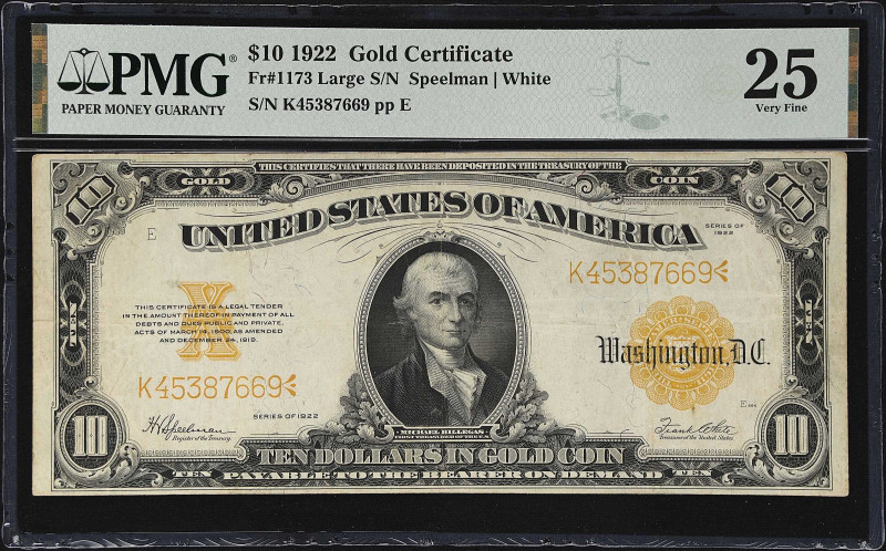 Fr. 1173. 1922 $10 Gold Certificate. PMG Very Fine 25.

Original and pleasing ...