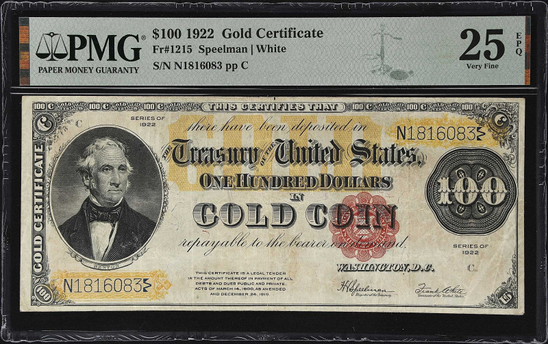 Fr. 1215. 1922 $100 Gold Certificate. PMG Very Fine 25 EPQ.

A pleasing exampl...