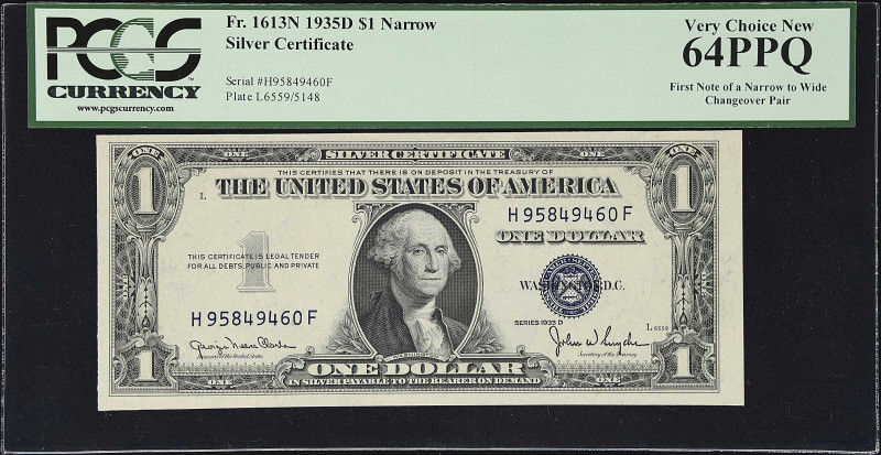 Lot of (2) Fr. 1613N & Fr. 1613W. 1935-D Changeover Pair $1 Silver Certificate. ...