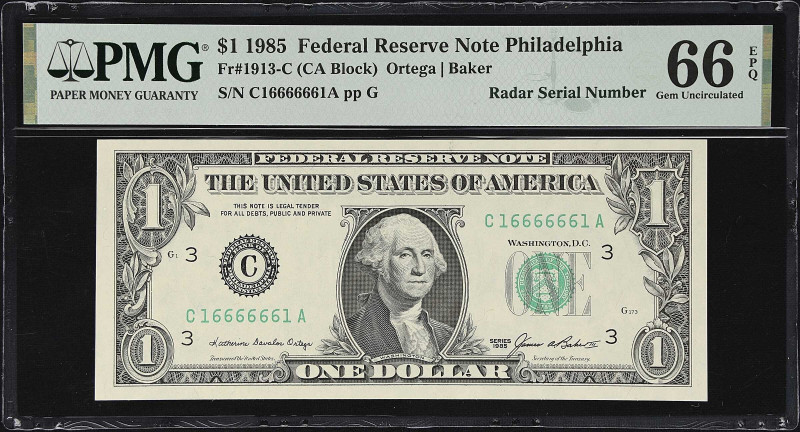 Fr. 1913-C. 1985 $1 Federal Reserve Note. Philadelphia. PMG Gem Uncirculated 66 ...