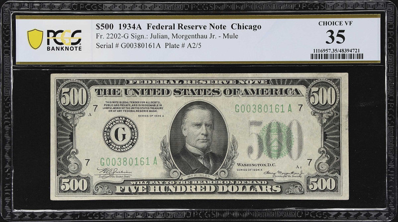 Fr. 2202-G. 1934A $500 Federal Reserve Note. Chicago. PCGS Banknote Choice Very ...