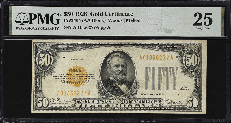 Fr. 2404. 1928 $50 Gold Certificate. PMG Very Fine 25.

A popular issue graded...