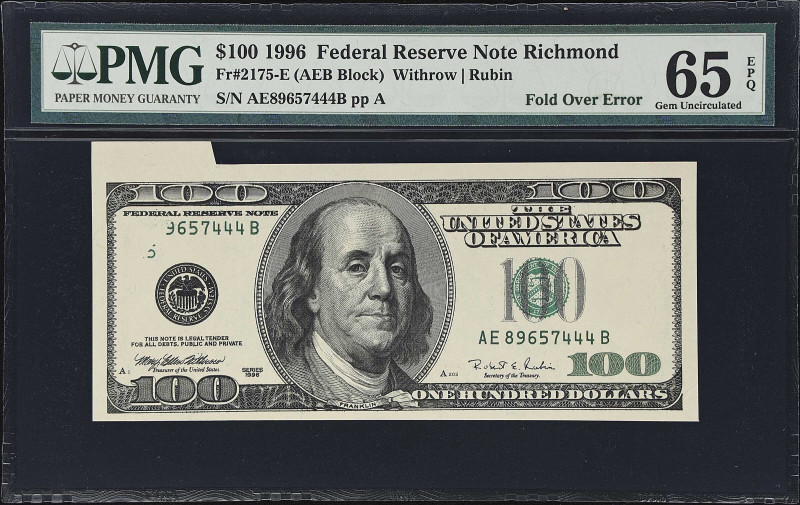 Fr. 2175-E. 1996 $100. Federal Reserve Note. Richmond. PMG Gem Uncirculated 65 E...