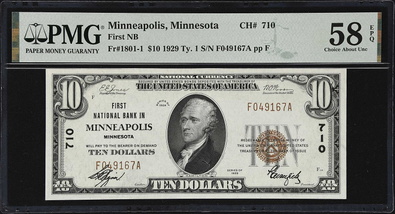 Minneapolis, Minnesota. $10 1929 Ty. 1. Fr. 1801-1. The First NB. Charter #710. ...