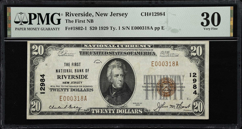 Riverside, New Jersey. $20 1929 Ty. 1. Fr. 1802-1. The First NB. Charter #12984....