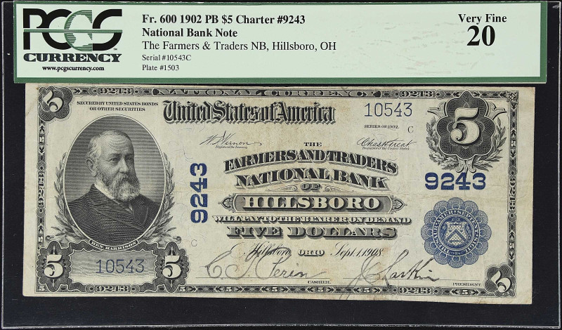 Hillsboro, Ohio. $5 1902 Plain Back. Fr. 600. The Farmers & Traders NB. Charter ...