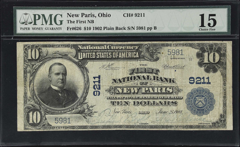 New Paris, Ohio. $10 1902 Plain Back. Fr. 626. The First NB. Charter #9211. PMG ...