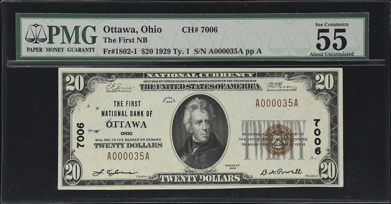 Ottawa, Ohio. $20 1929 Ty. 1. Fr. 1802-1. The First NB. Charter #7006. PMG About...