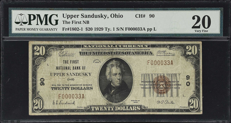 Upper Sandusky, Ohio. $20 1929 Ty. 1. Fr. 1802-1. The First NB. Charter #90. PMG...