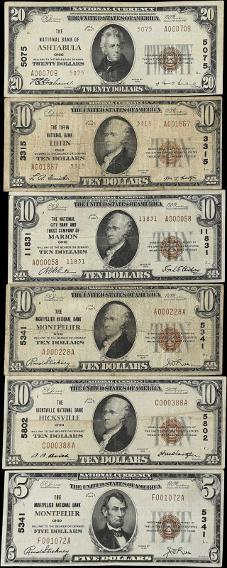 Lot of (6) Ohio Nationals. $5, $10, & $20 1929 Type 1 & 1929 Type 2. Fr. 1800, F...