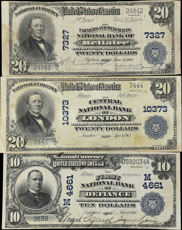 Lot of (3) Ohio Nationals. $10 & $20 1902 Date Back & 1902 Plain Back. Fr. 620, ...