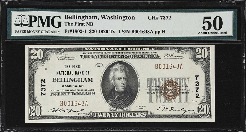 Bellingham, Washington. $20 1929 Ty. 1. Fr. 1802-1. The First NB. Charter #7372....